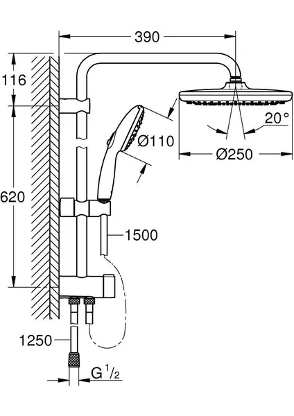 Grohe New Tempesta Sistem 250 Duvar Bağlantılı, Divertörlü Duş Sistemi - 26980001 - 3